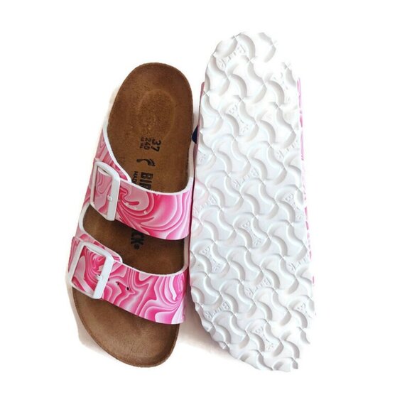 Birkenstock Arizona Birko-Flor Sandals Womens 6 Marble Twirl Fuchsia Tulip Pink - Picture 8 of 9